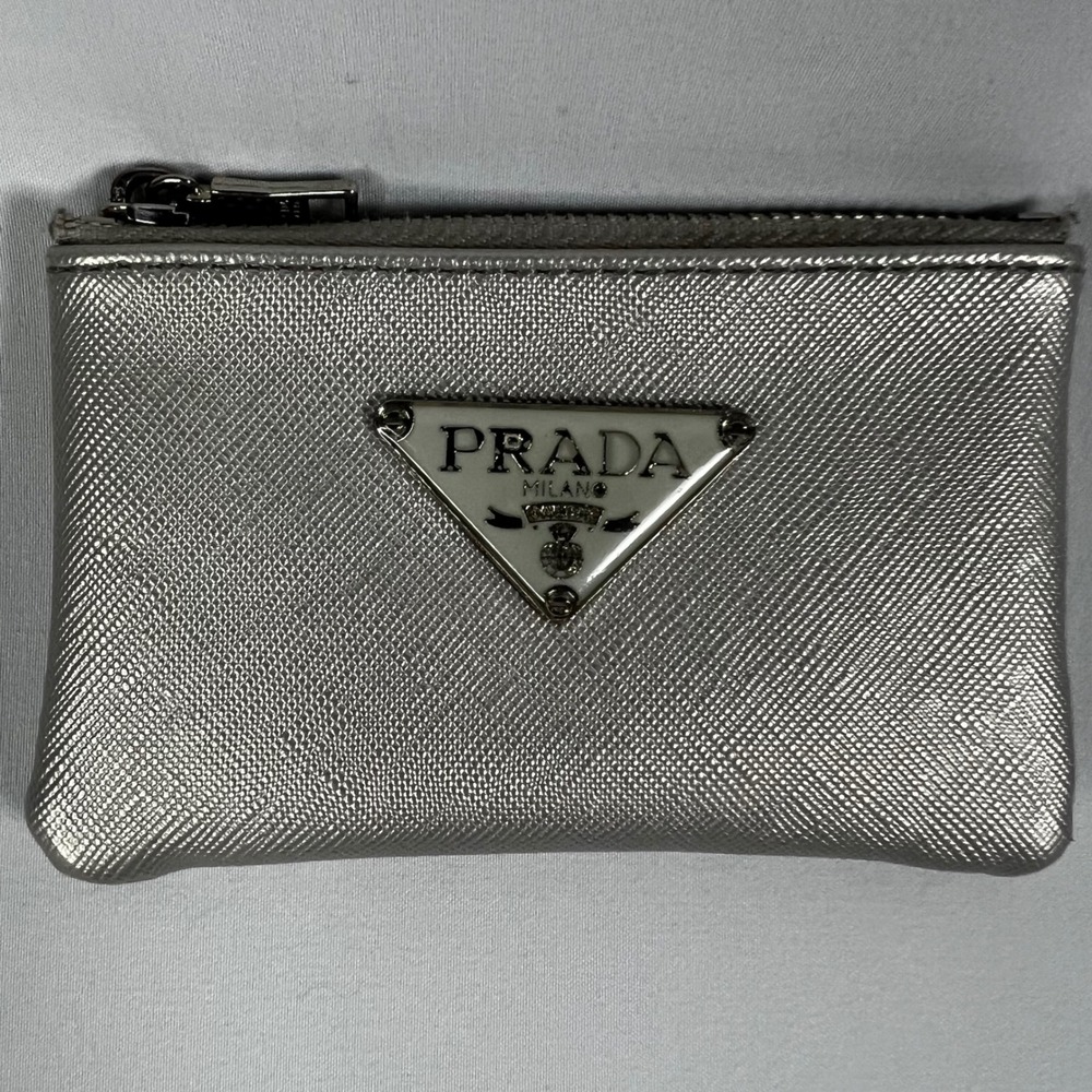 Prada Metallic Silver‎ Saffiano Leather Triangle Logo Coin Purse Mini Pouch Y2K